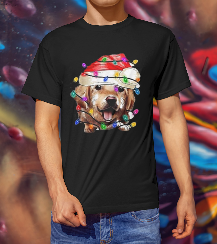 Christmas Lights Dog Lover Santa Hat Raglan T-Shirt