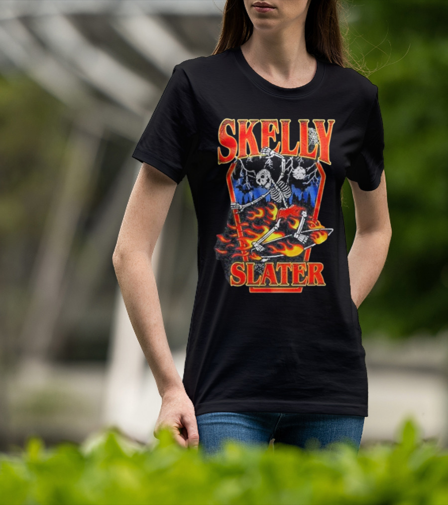 Skelly Slater Skeleton Skateboarding With Flames And Coffin Background T-Shirt
