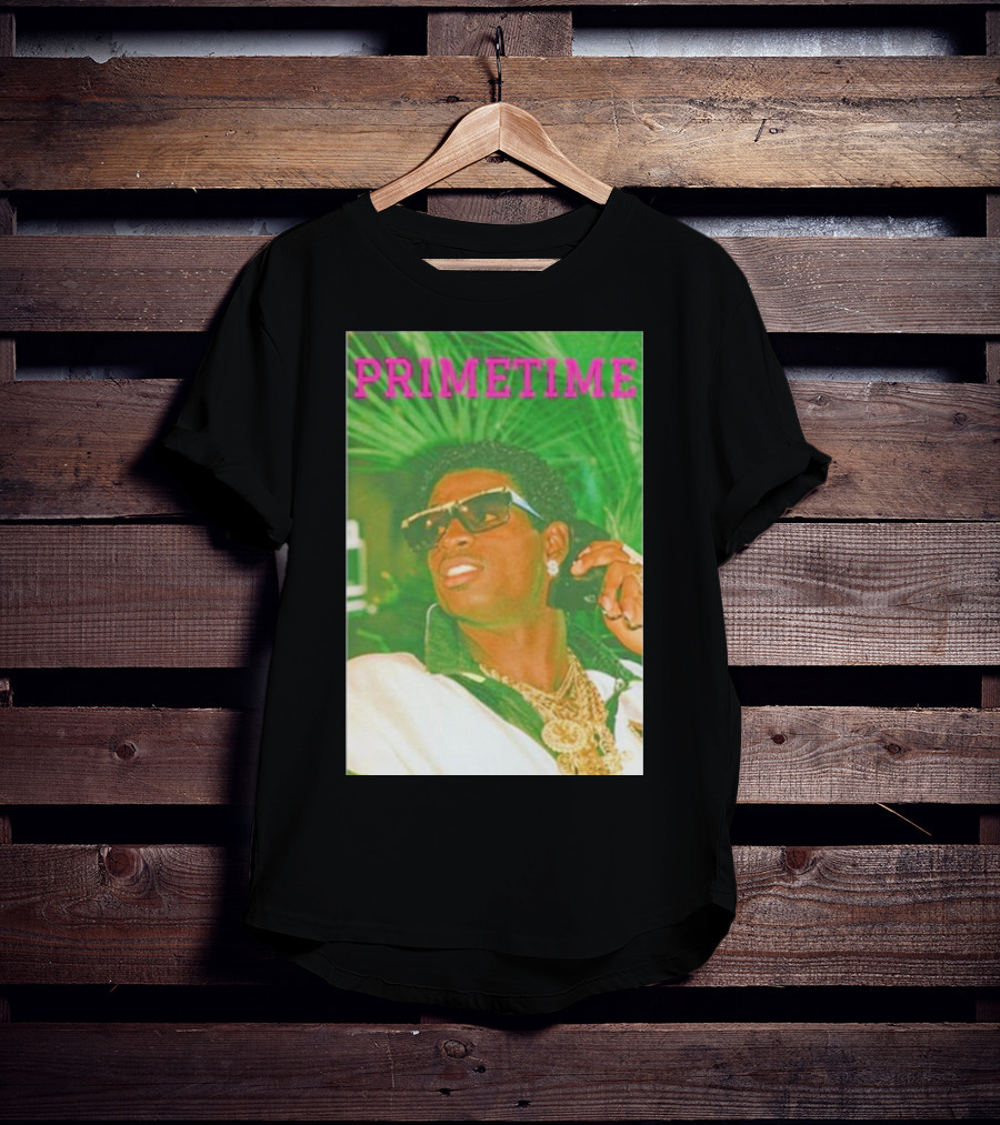 PRIMETIME Deion Sanders Sunglasses Gold Chains Retro Vibe T-Shirt