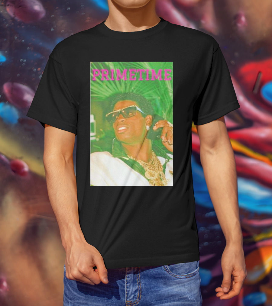 PRIMETIME Deion Sanders Sunglasses Gold Chains Retro Vibe T-Shirt
