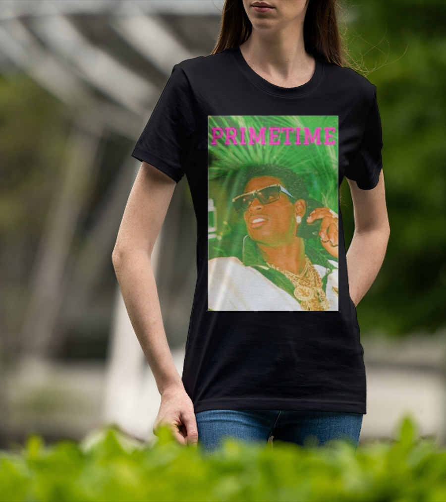 PRIMETIME Deion Sanders Sunglasses Gold Chains Retro Vibe T-Shirt
