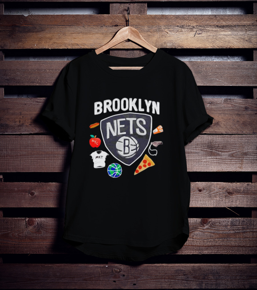 Brooklyn Nets NBA Claymation NYC Basketball Pizza Hot Dog Apple Icons T-Shirt