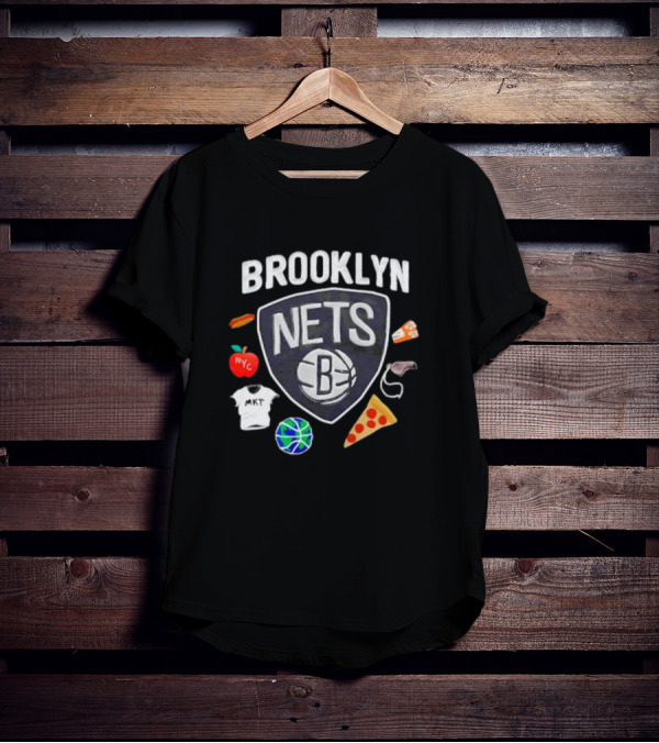 Brooklyn Nets NBA Claymation NYC Basketball Pizza Hot Dog Apple Icons T-Shirt