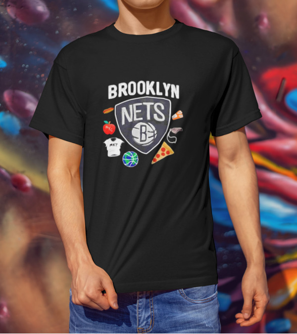Brooklyn Nets NBA Claymation NYC Basketball Pizza Hot Dog Apple Icons T-Shirt