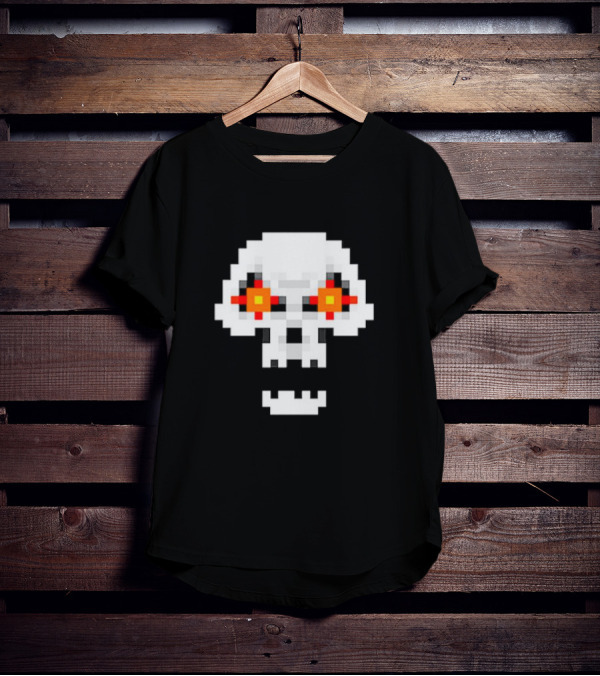 Crossing Skull Log Pixelated Gaming Skull With Red-Eyed Glare T-Shirt