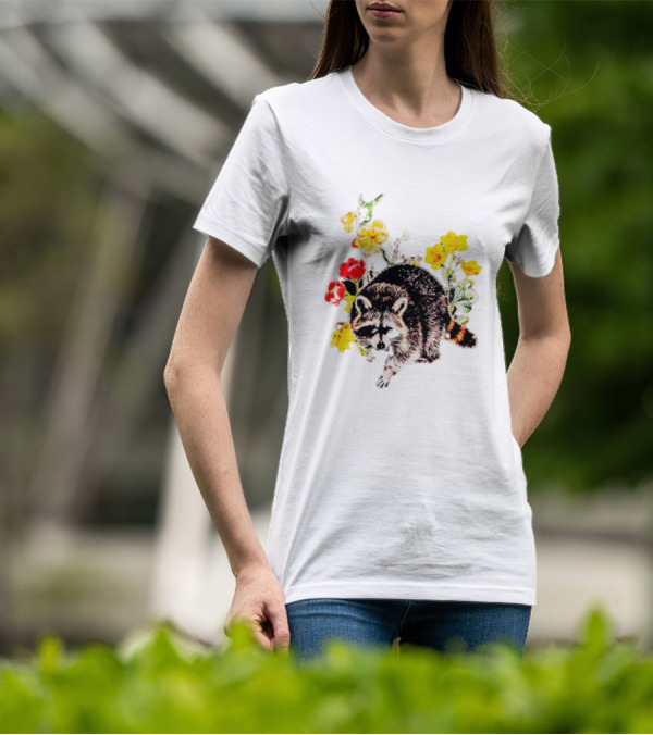 Raccoon With Vibrant Floral Arrangement T-Shirt