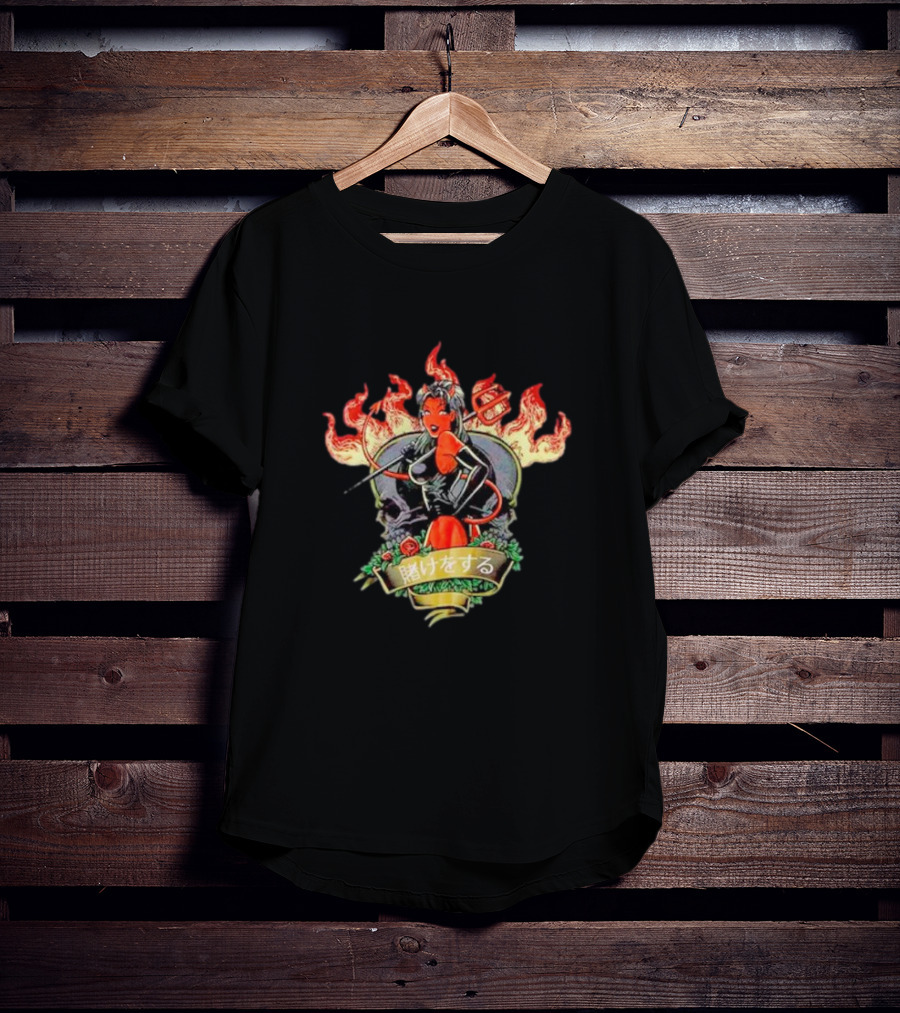 Devil Babe Racing In Flames With Japanese Text And Skull Elements T-Shirt