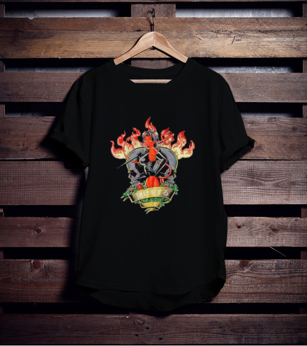 Devil Babe Racing In Flames With Japanese Text And Skull Elements T-Shirt