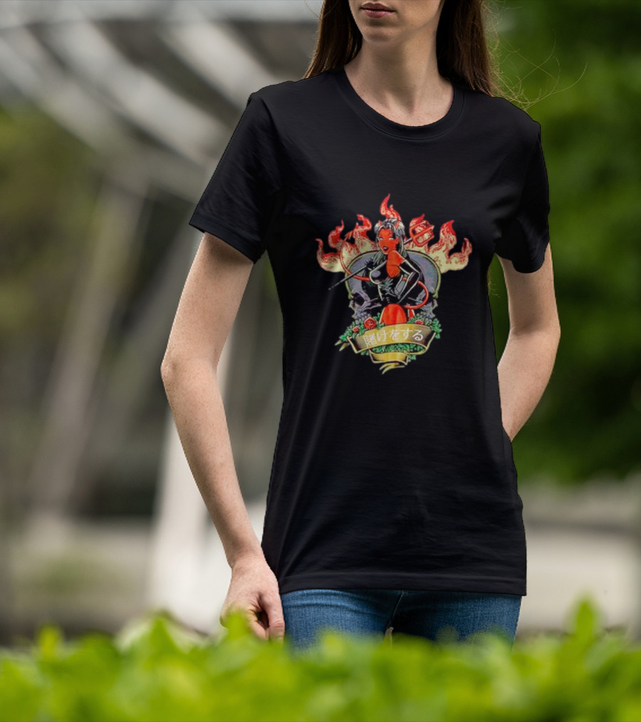 Devil Babe Racing In Flames With Japanese Text And Skull Elements T-Shirt