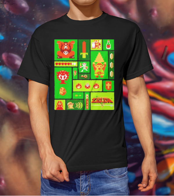 Legend Of Zelda Pixel Art Collage Retro Gaming Icons T-Shirt