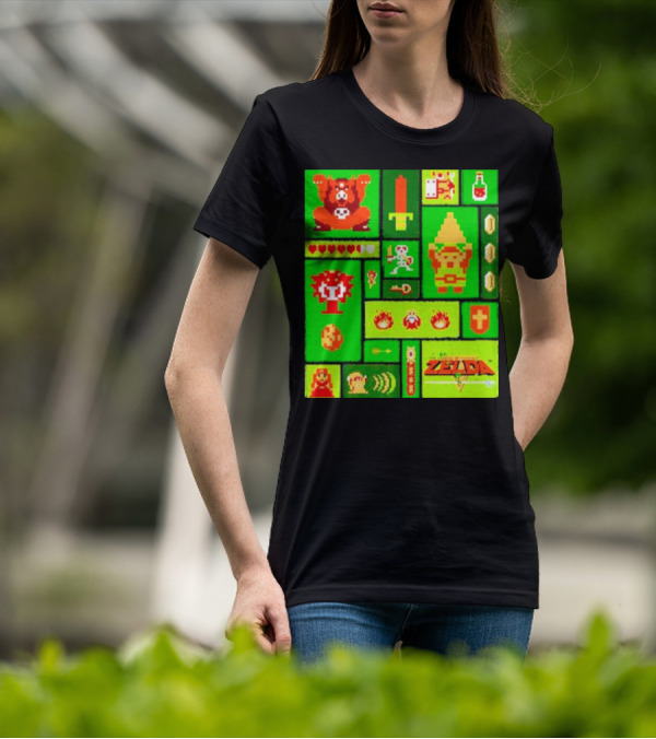 Legend Of Zelda Pixel Art Collage Retro Gaming Icons T-Shirt