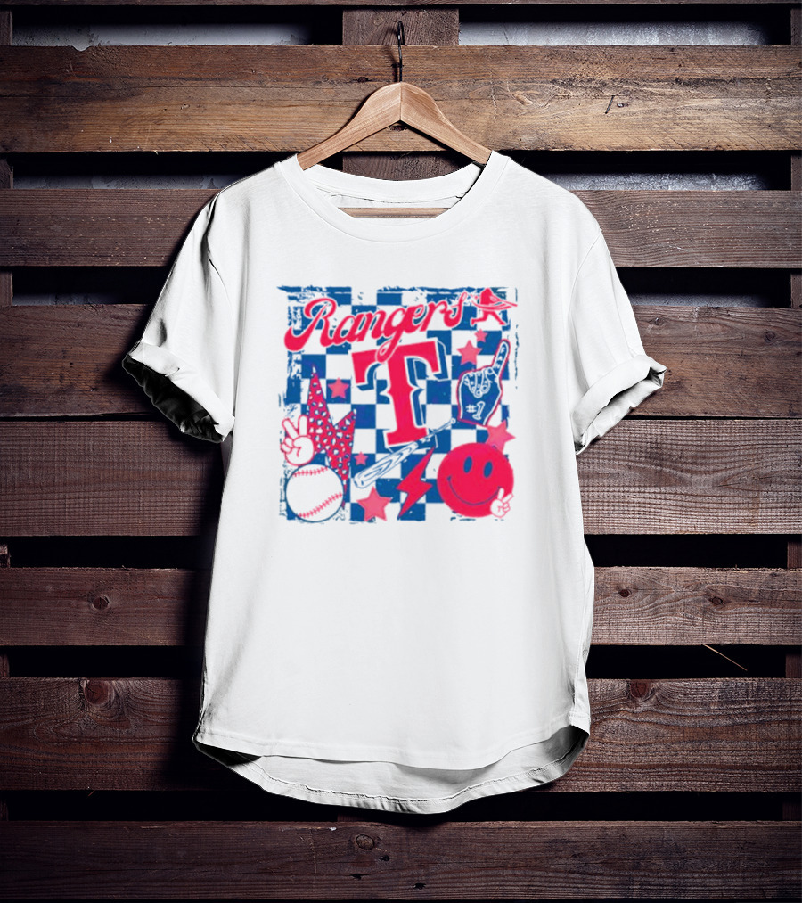 Rangers T Large Checkerboard Stars Baseball Smiley Lightning Peace T-Shirt