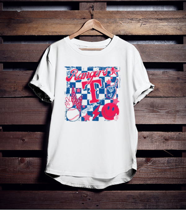 Rangers T Large Checkerboard Stars Baseball Smiley Lightning Peace T-Shirt