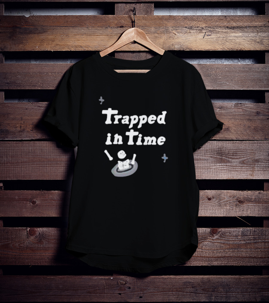 Trapped In Time Skeleton Reading A Book In A Boat With Sparks T-Shirt