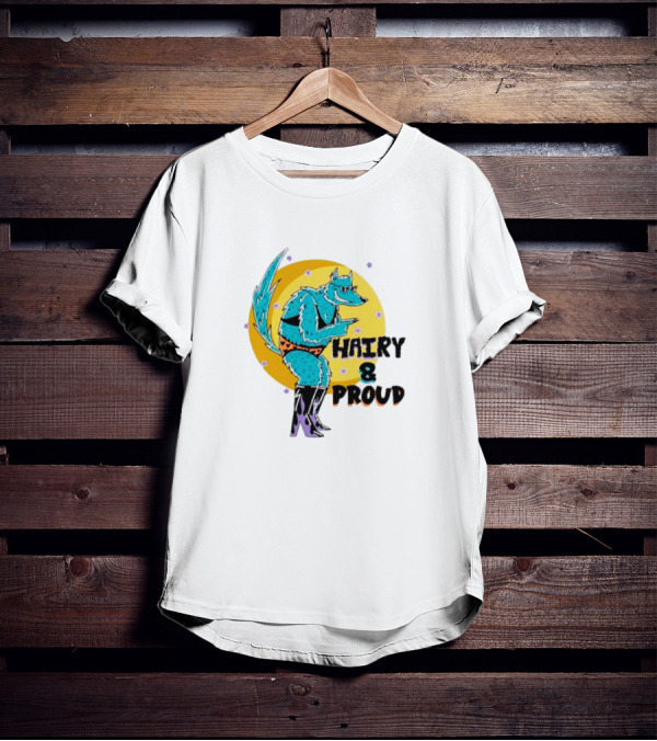 Wofl Hairy And Proud: Blue Wolf Character With Moon Background And Stars T-Shirt