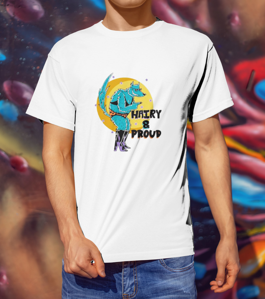 Wofl Hairy And Proud: Blue Wolf Character With Moon Background And Stars T-Shirt