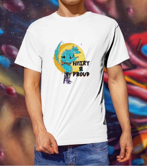 Wofl Hairy And Proud: Blue Wolf Character With Moon Background And Stars T-Shirt
