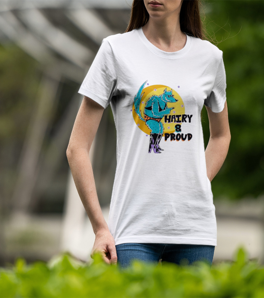 Wofl Hairy And Proud: Blue Wolf Character With Moon Background And Stars T-Shirt
