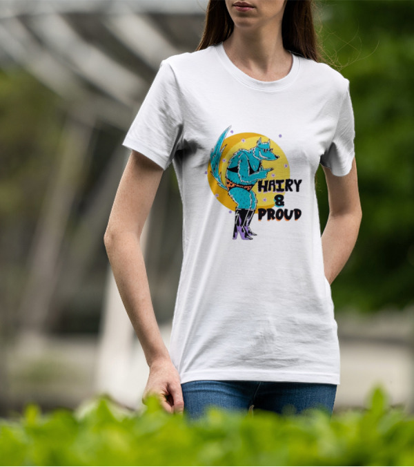 Wofl Hairy And Proud: Blue Wolf Character With Moon Background And Stars T-Shirt