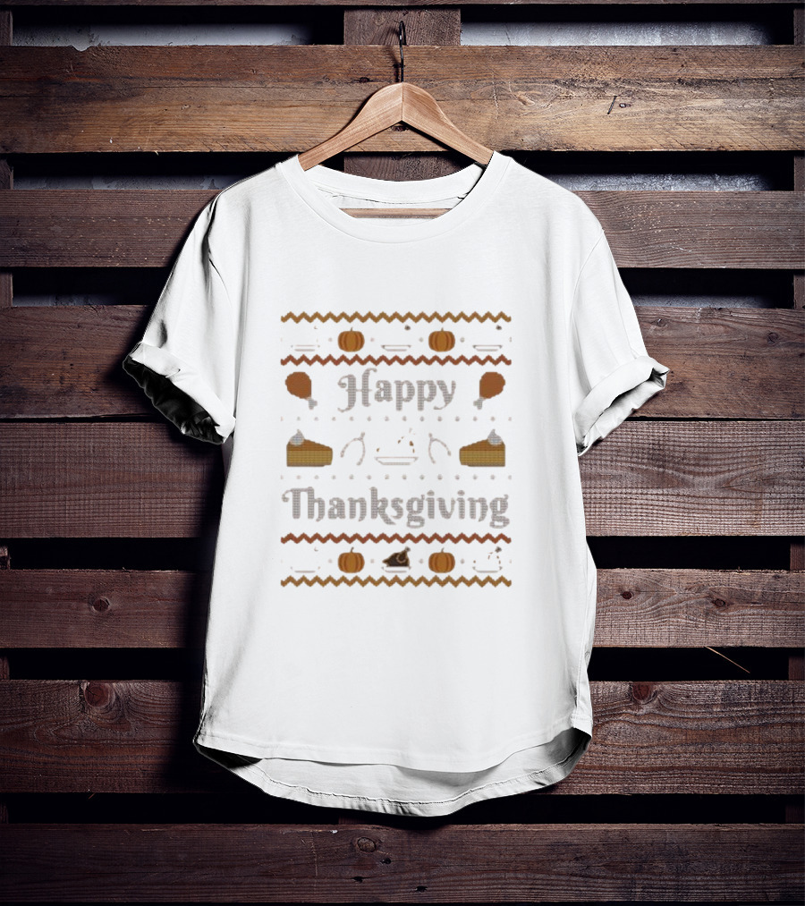 Happy Thanksgiving Pumpkin Pie Turkey Cross-Stitch T-Shirt