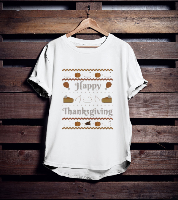 Happy Thanksgiving Pumpkin Pie Turkey Cross-Stitch T-Shirt