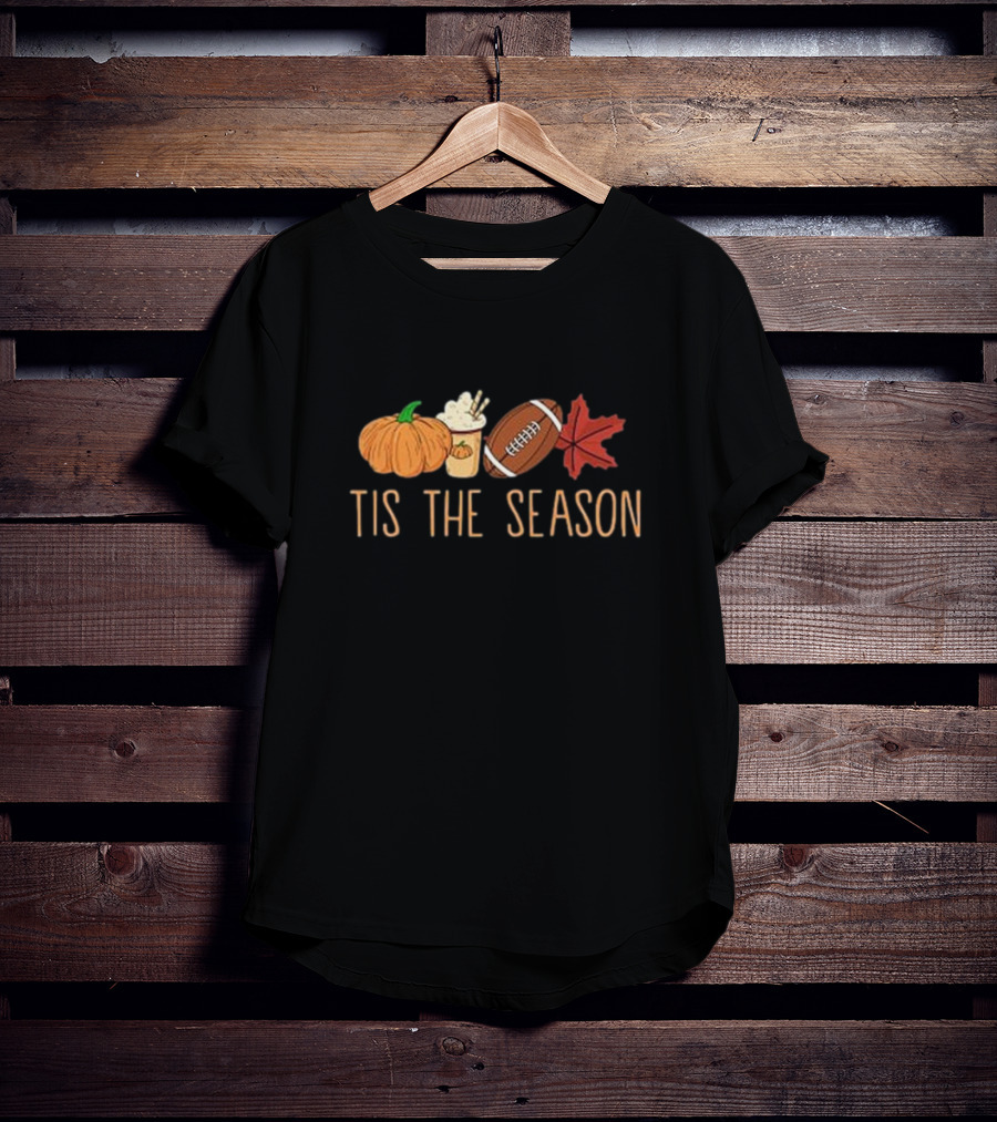 Tis The Season Pumpkin Latte Football And Fall Leaf T-Shirt