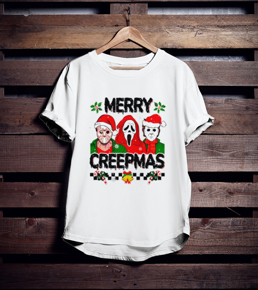 Merry Creepmas Horror Characters With Festive Scary Holiday T-Shirt