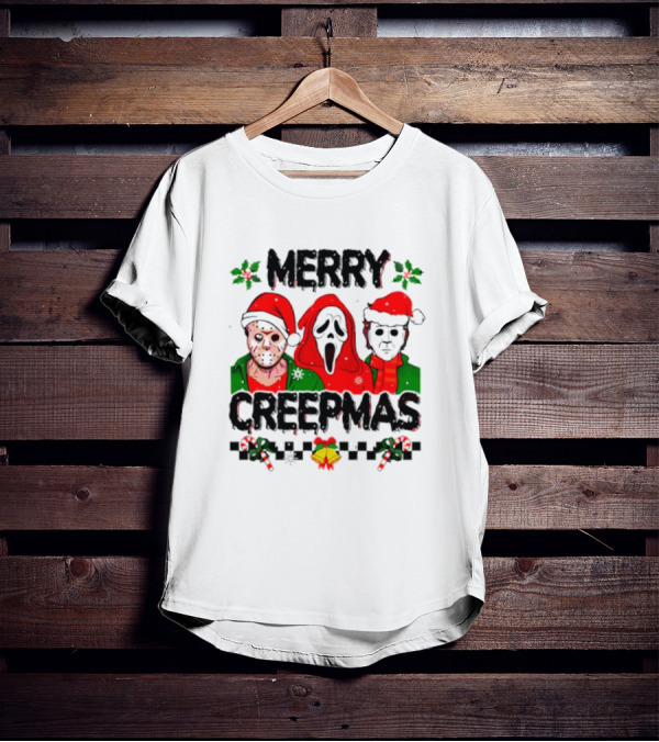 Merry Creepmas Horror Characters With Festive Scary Holiday T-Shirt
