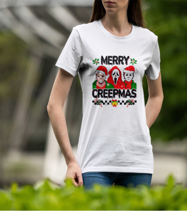 Merry Creepmas Horror Characters With Festive Scary Holiday T-Shirt