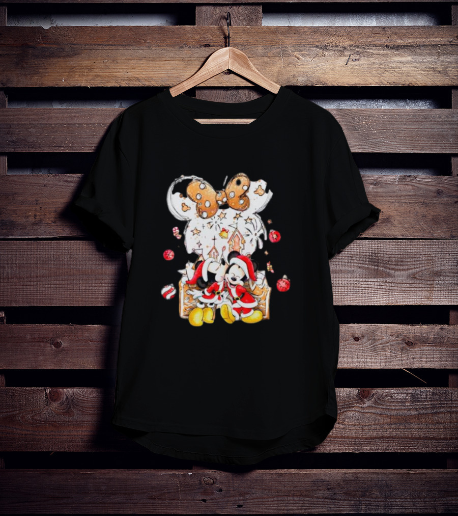 Mickey And Minnie Christmas Castle Gingerbread Mouse Ears Holiday Scene T-Shirt
