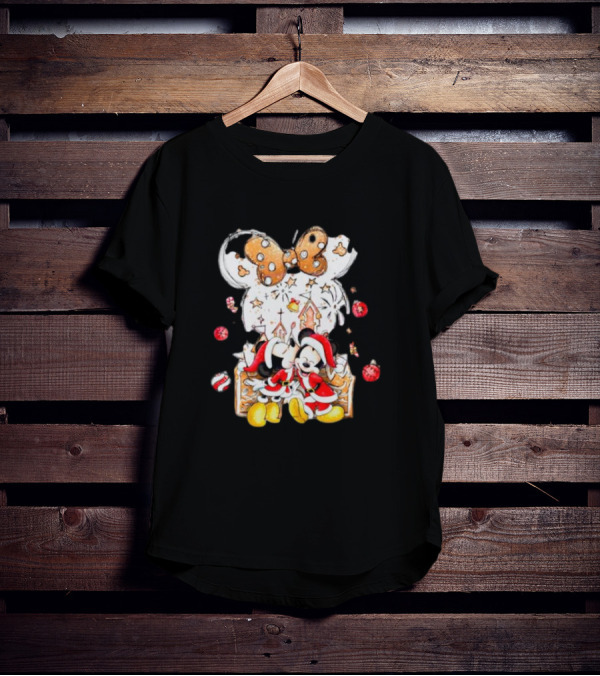 Mickey And Minnie Christmas Castle Gingerbread Mouse Ears Holiday Scene T-Shirt