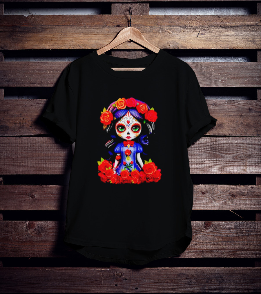 Women LA Catrina Day Of The Dead Floral Rose Adorned T-Shirt