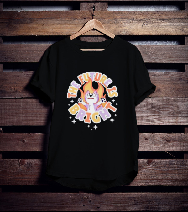 The Future Is Bright Flaming Cartoon Cat With Stars And Flames T-Shirt