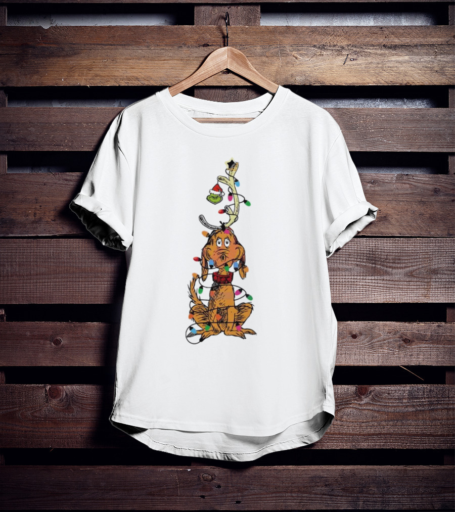 Funny Grinch Christmas Lights With Dog Wrapped In Colorful String Of Lights T-Shirt