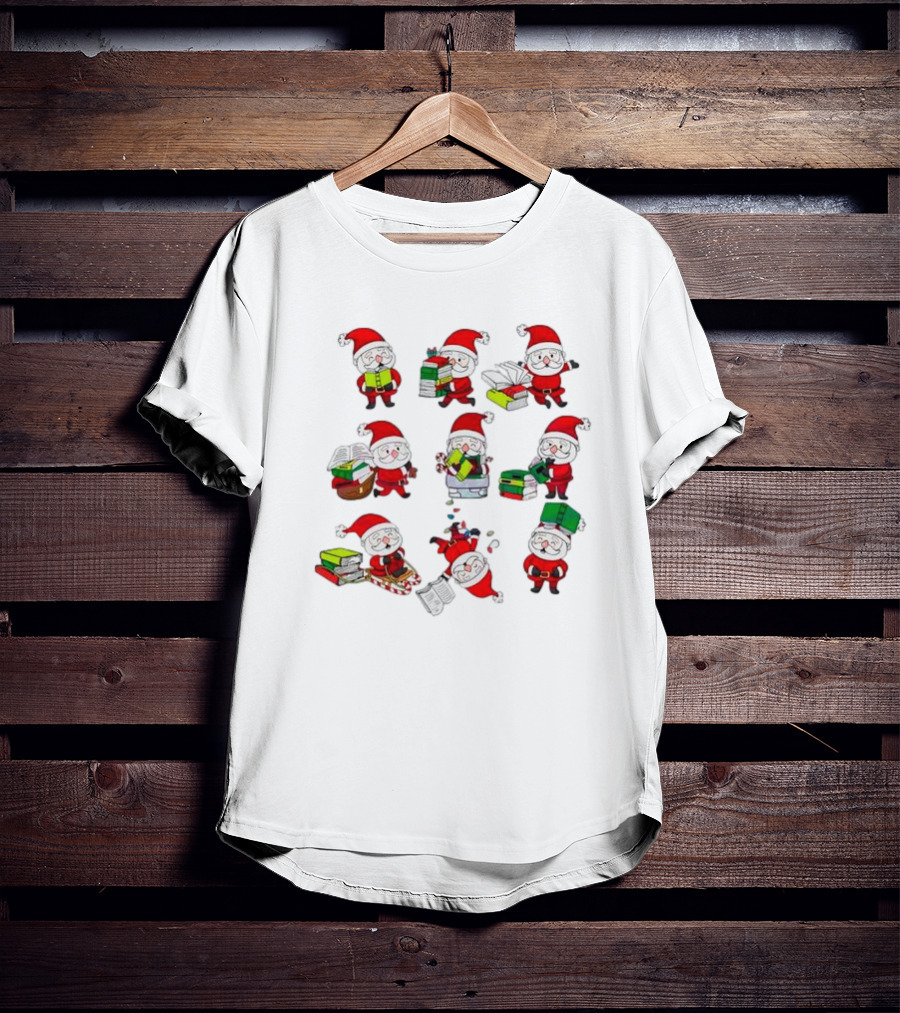 Funny Santa Claus Reading Books And Carrying Stacks In Various Poses T-Shirt