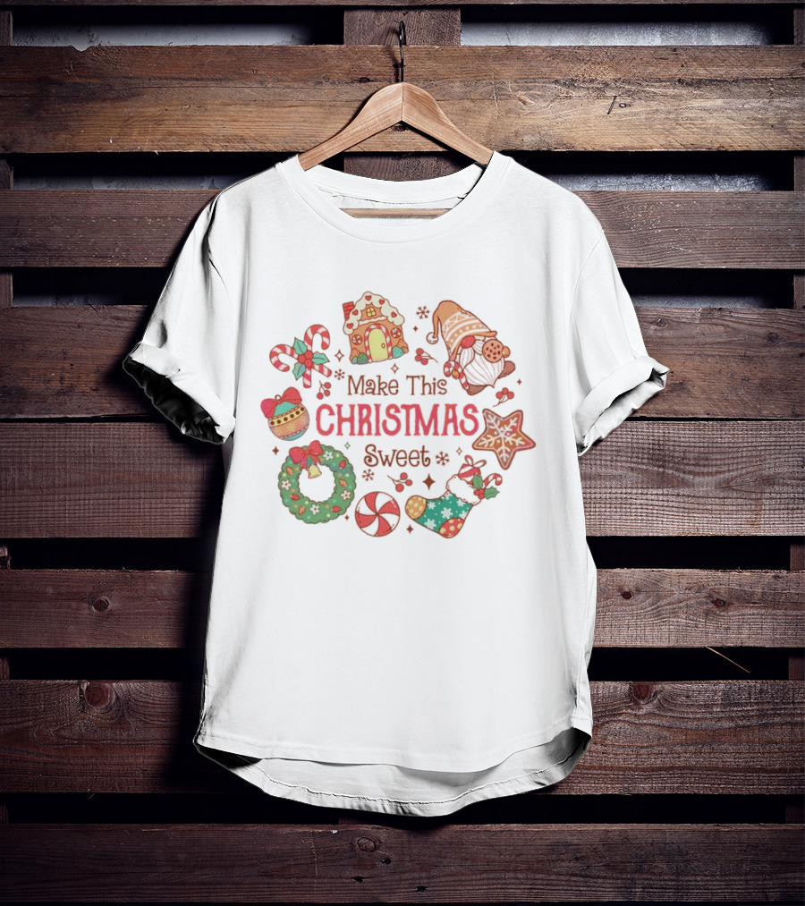 Make This Christmas Sweet Gingerbread House Candy Cane Stocking Wreath T-Shirt