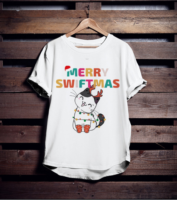 Merry Swiftmas Christmas Cat With Reindeer Antlers And Festive Lights T-Shirt