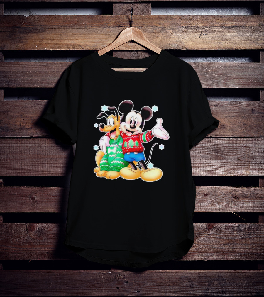 Mickey And Pluto Christmas Sweater Holiday Scene T-Shirt