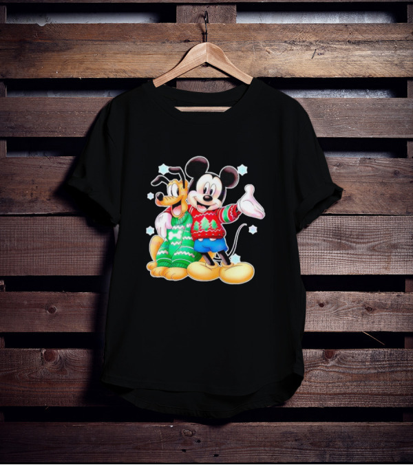 Mickey And Pluto Christmas Sweater Holiday Scene T-Shirt
