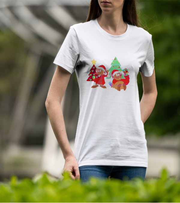 Santa Jaq And Gus With Christmas Lights And Presents By Christmas Tree T-Shirt