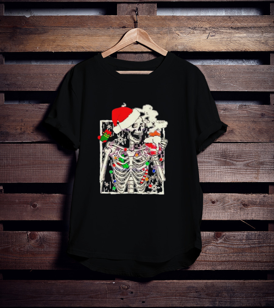 Skeleton Santa Hat Snowflake Christmas Coffee Candy Cane Holiday Scene T-Shirt