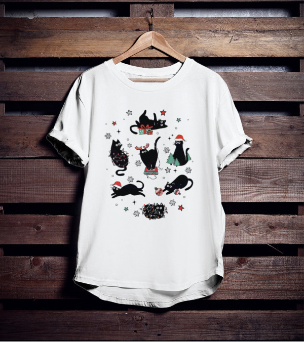 Christmas Black Cat Santa Hat Presents Lights Trees T-Shirt