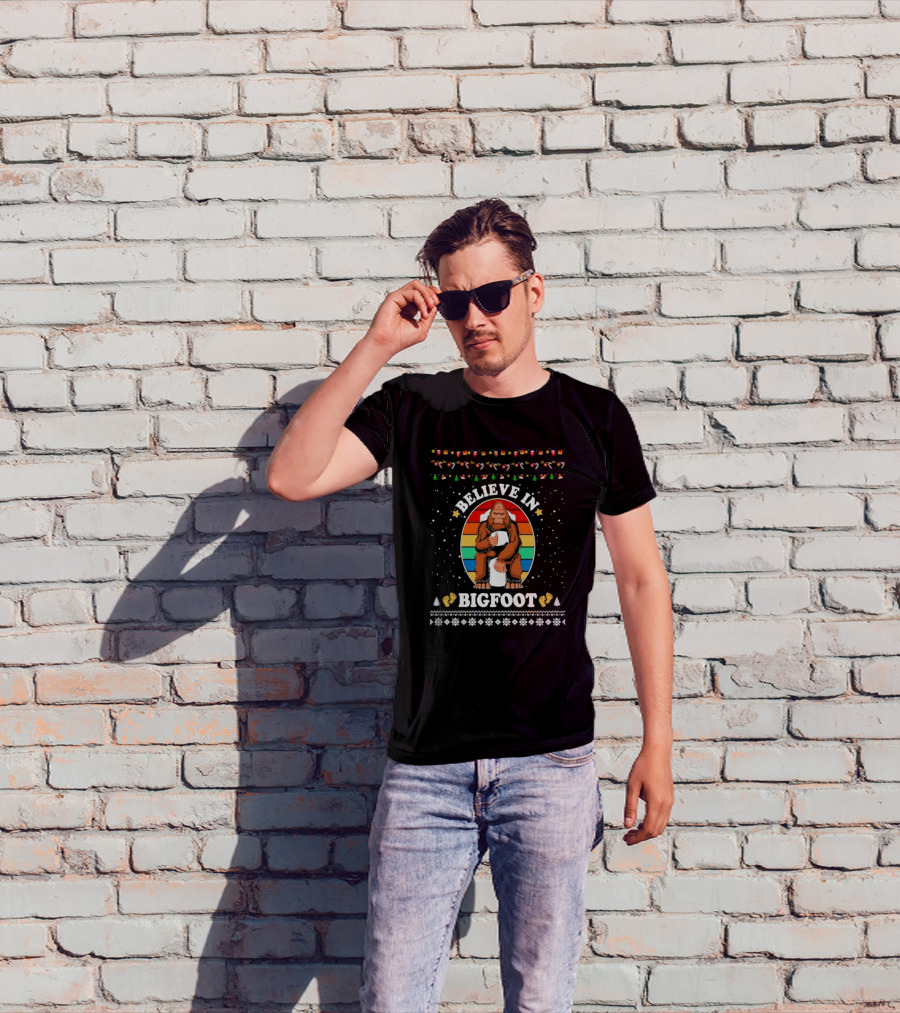 Believe In Bigfoot With Toilet Humor And Christmas Icons T-Shirt