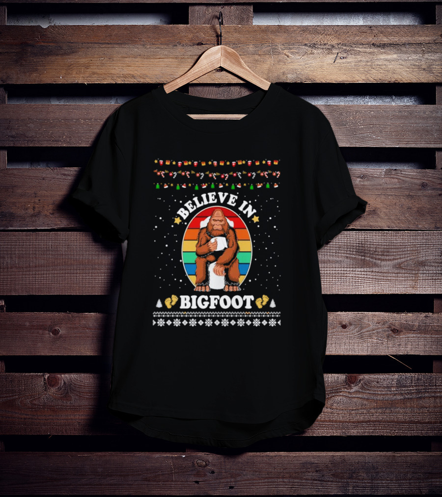 Believe In Bigfoot With Toilet Humor And Christmas Icons T-Shirt
