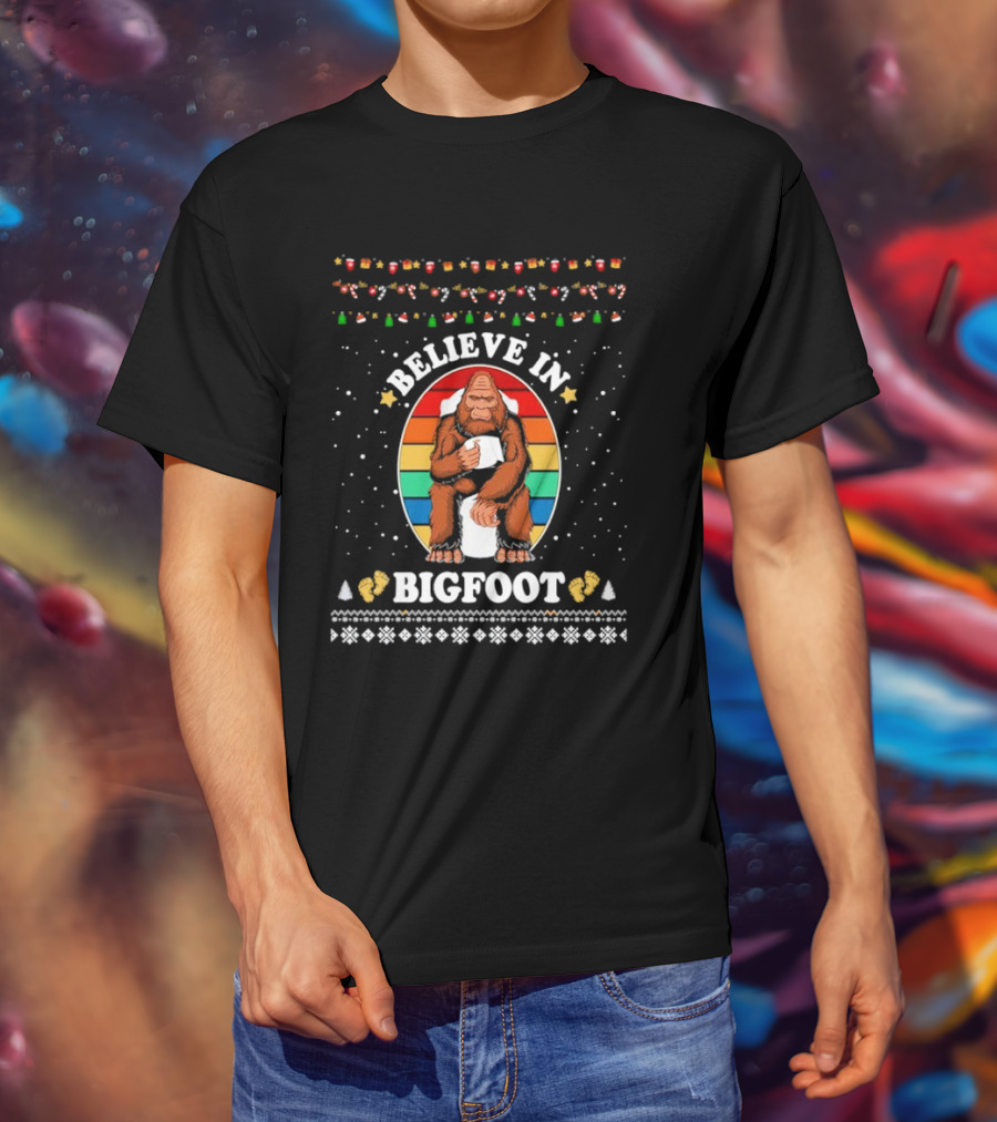 Believe In Bigfoot With Toilet Humor And Christmas Icons T-Shirt