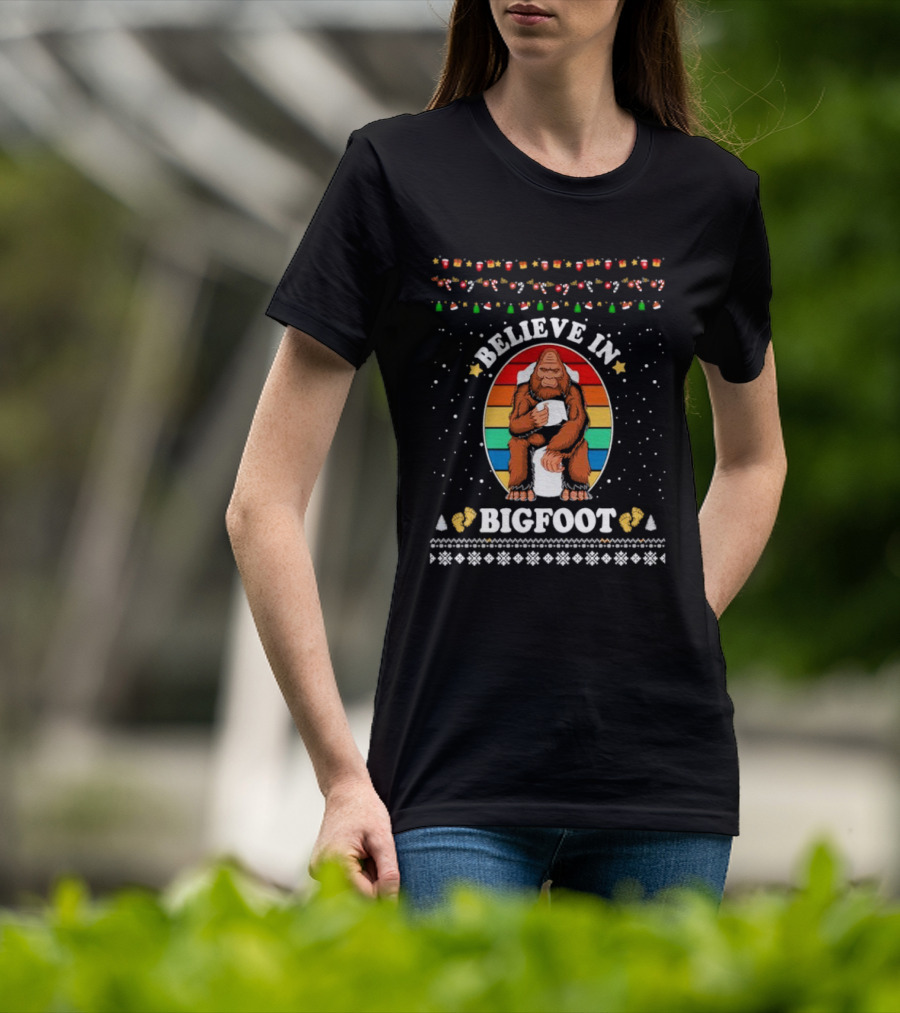 Believe In Bigfoot With Toilet Humor And Christmas Icons T-Shirt