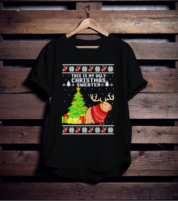 This Is My Ugly Christmas Sweater Capybara Reindeer T-Shirt