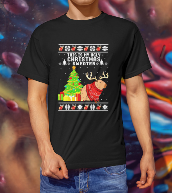 This Is My Ugly Christmas Sweater Capybara Reindeer T-Shirt