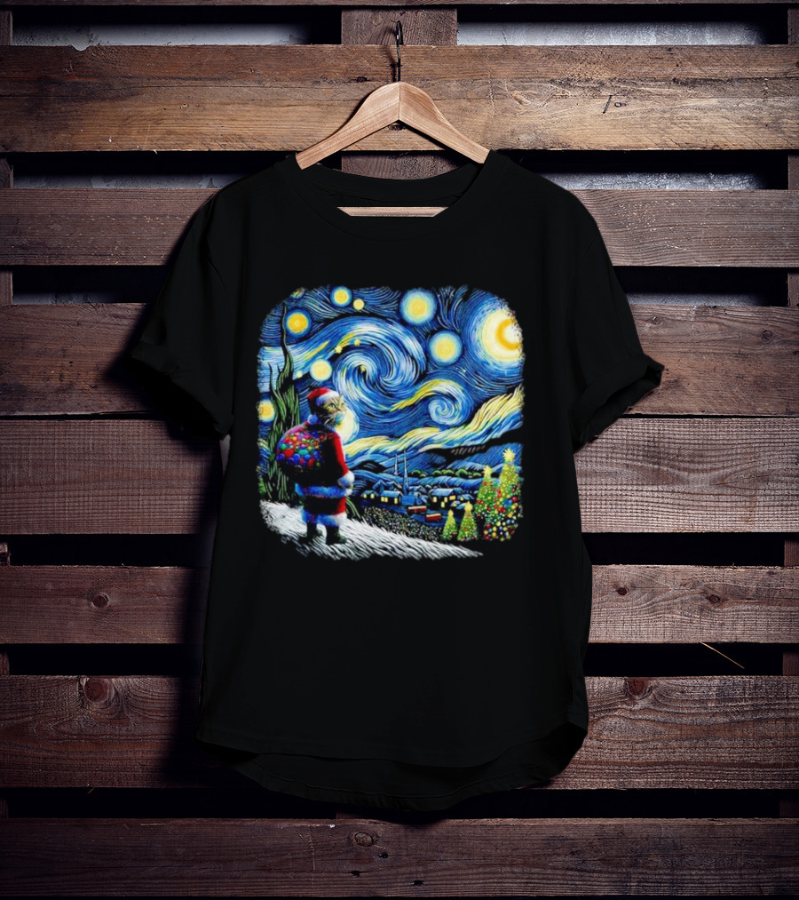 Cat Santa Paws Van Gogh Starry Night Christmas Holiday Scene T-Shirt