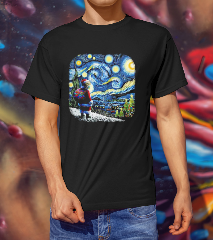 Cat Santa Paws Van Gogh Starry Night Christmas Holiday Scene T-Shirt